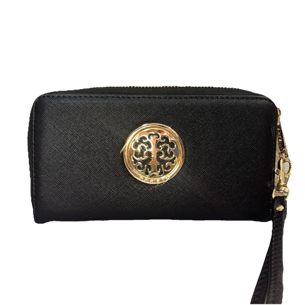 Dasein Zip Around WALLET Blue‎ Gold Emblem Clutch Handbag Purse Faux Leather
